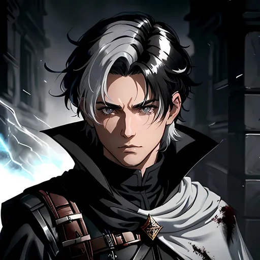 Prompt: 30 year old male dnd ranger, fantasy clothing, short black hair with a white streak, short hair, grey eyes, atmospheric color washes, calm expression, athletic strong build, bloody, masculine, serious, horror themes, cape