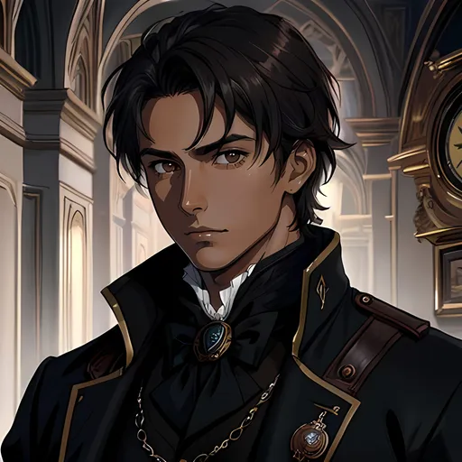 Prompt: 28 year old assassin, dark messy hair, handsome, tan skin, soft expression, brown eyes, detailed, atmospheric color washes, tan, high quality, dark victorian scenery