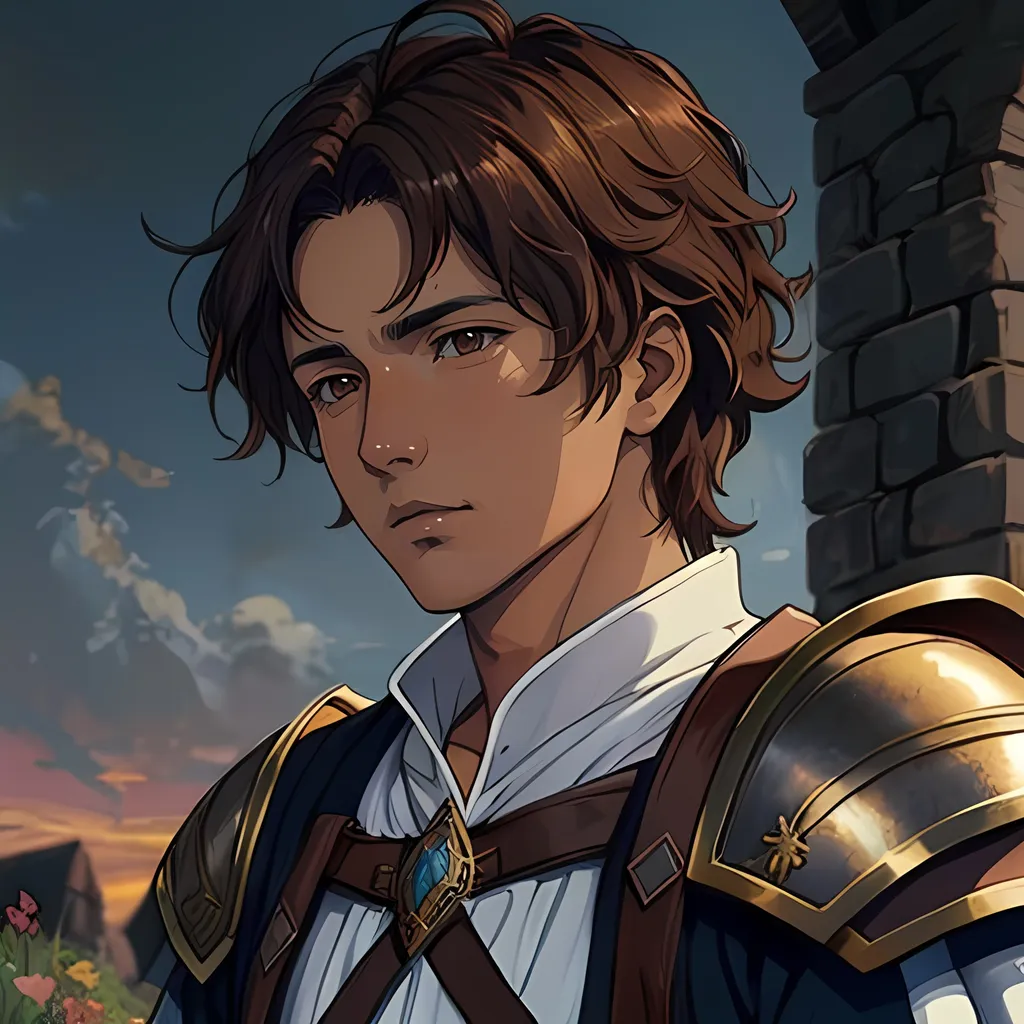 Prompt: 31 year old male peasant, auburn messy hair, soft features, brown eyes, tan skin, sad expression, detailed, atmospheric color washes, tan, fantasy clothing, cleric, full body, high quality