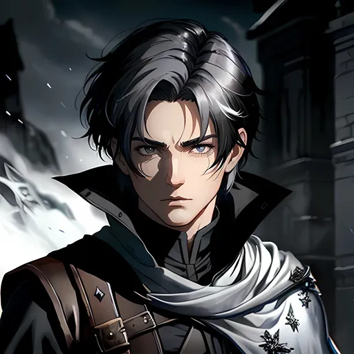 Prompt: 30 year old male dnd ranger, fantasy clothing, short black hair with a white streak, short hair, grey eyes, atmospheric color washes, calm expression, athletic strong build, bloody, masculine, serious, horror themes, cape