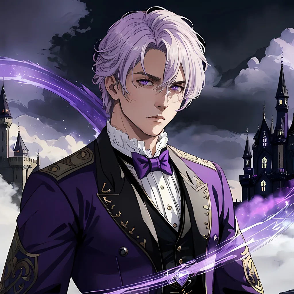 Prompt: 30 year old male noble, purple tones, fantasy clothing, white blonde hair, dark eyes, atmospheric color washes, annoyed expression, athletic strong build, charming, victorian clothing, castle scenery
