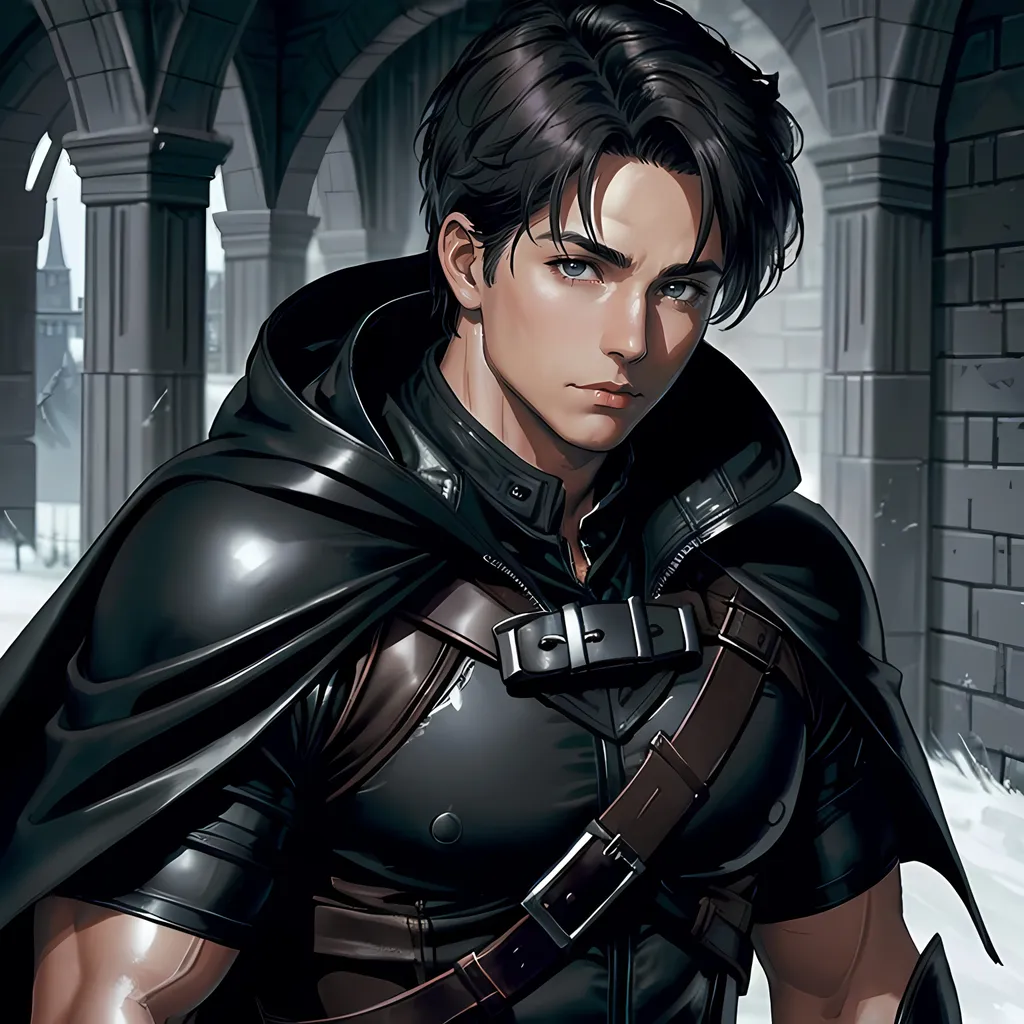 Prompt: 30 year old male ranger, dark leather, cape and hood, fantasy clothing, short hair, short hair,, grey eyes, atmospheric color washes, calm expression, athletic strong build, muscular, masculine, buff, bloody, resembles Jason Todd 