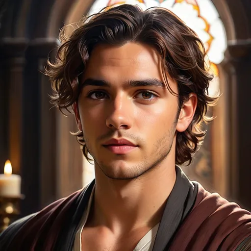 Prompt: 27 year old male, cleric, brown wavy hair, soft features, brown eyes, athletic build, resembles jonathan bailey, tan skin, kind expression, detailed, dark colors, in the style of layered gestures, atmospheric color washes, john larriva, spiritualcore, religious themes, Heliocentric, looking away, kind expression