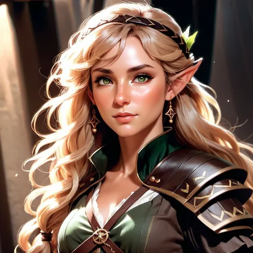 Prompt: 37 year old female elf pirate, blond wavy hair, soft features, green eyes, tan skin, kind expression, detailed, dark colors, atmospheric color washes, full body