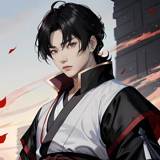 Prompt: hwang hyunjin samurai, male, korean fantasy, medium length hair, grey eyes