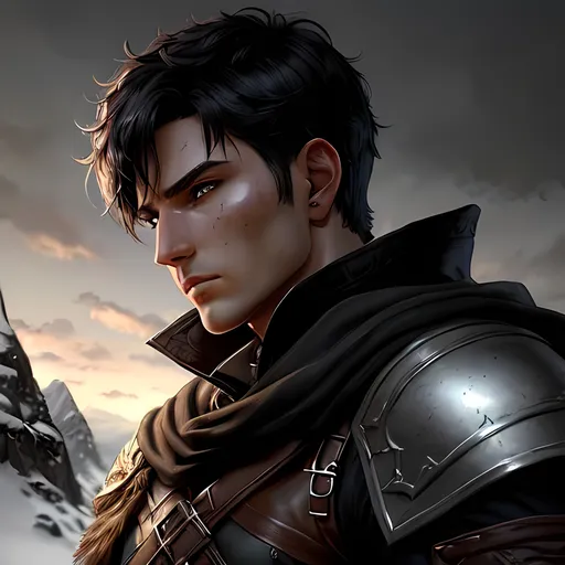 Prompt: 30 year old male dnd ranger, fantasy clothing, short black hair with a white streak, short hair, grey eyes, atmospheric color washes, calm expression, athletic strong build, bloody, masculine, serious, horror themes, cape, buff