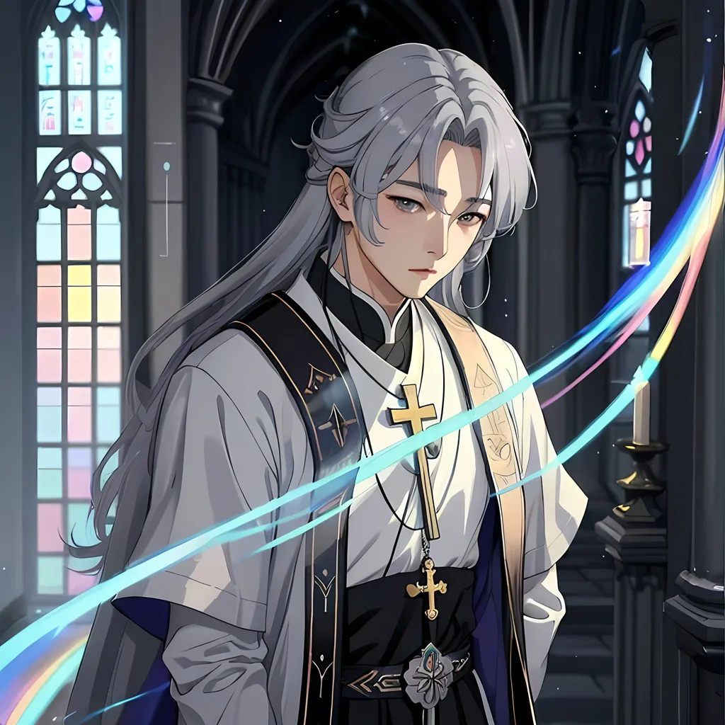 Prompt: 30 year old, hwang hyunjin, male cleric, grey hair, grey eyes, priest, pastel colors, atmospheric color brushstrokes, cathedral