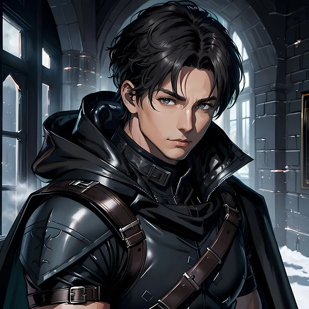 Prompt: 30 year old male ranger, dark leather, cape and hood, fantasy clothing, short hair, short hair,, grey eyes, atmospheric color washes, calm expression, athletic strong build, muscular, masculine, buff, bloody, resembles Jason Todd 