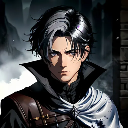 Prompt: 30 year old male dnd ranger, fantasy clothing, short black hair with a white streak, short hair, grey eyes, atmospheric color washes, calm expression, athletic strong build, bloody, masculine, serious, horror themes, cape