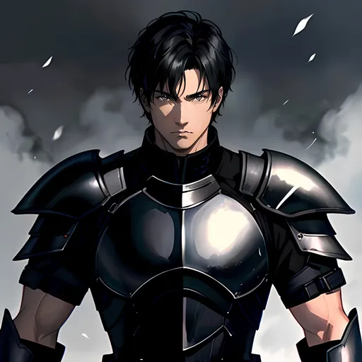 Prompt: 40 year old male black knight, short black hair, short hair, short hair, grey eyes, atmospheric color washes, calm expression, edgy, full torso, athletic strong build, muscular, masculine, serious, buff