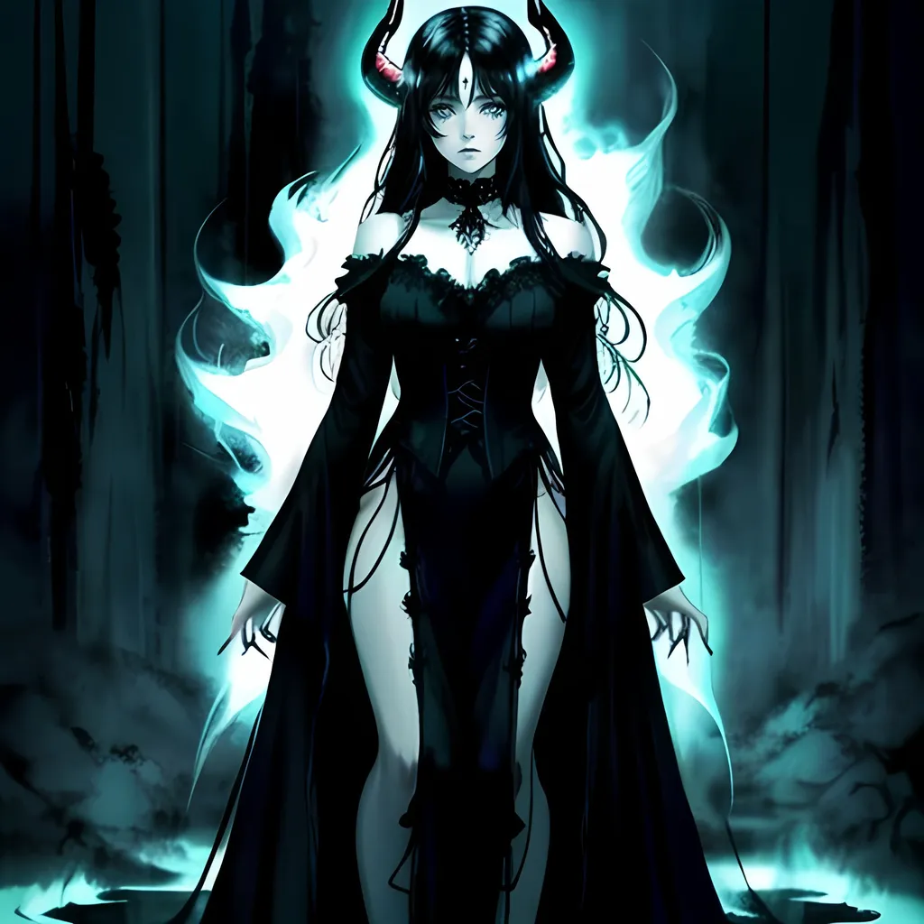 Prompt: beautiful black haired woman, horns, horror themes, cool colors, sad expression, high quality, atmospheric color washes, full body, ghostly, horror themes, sad, white clothing, full body, jewelry, blood, celestial