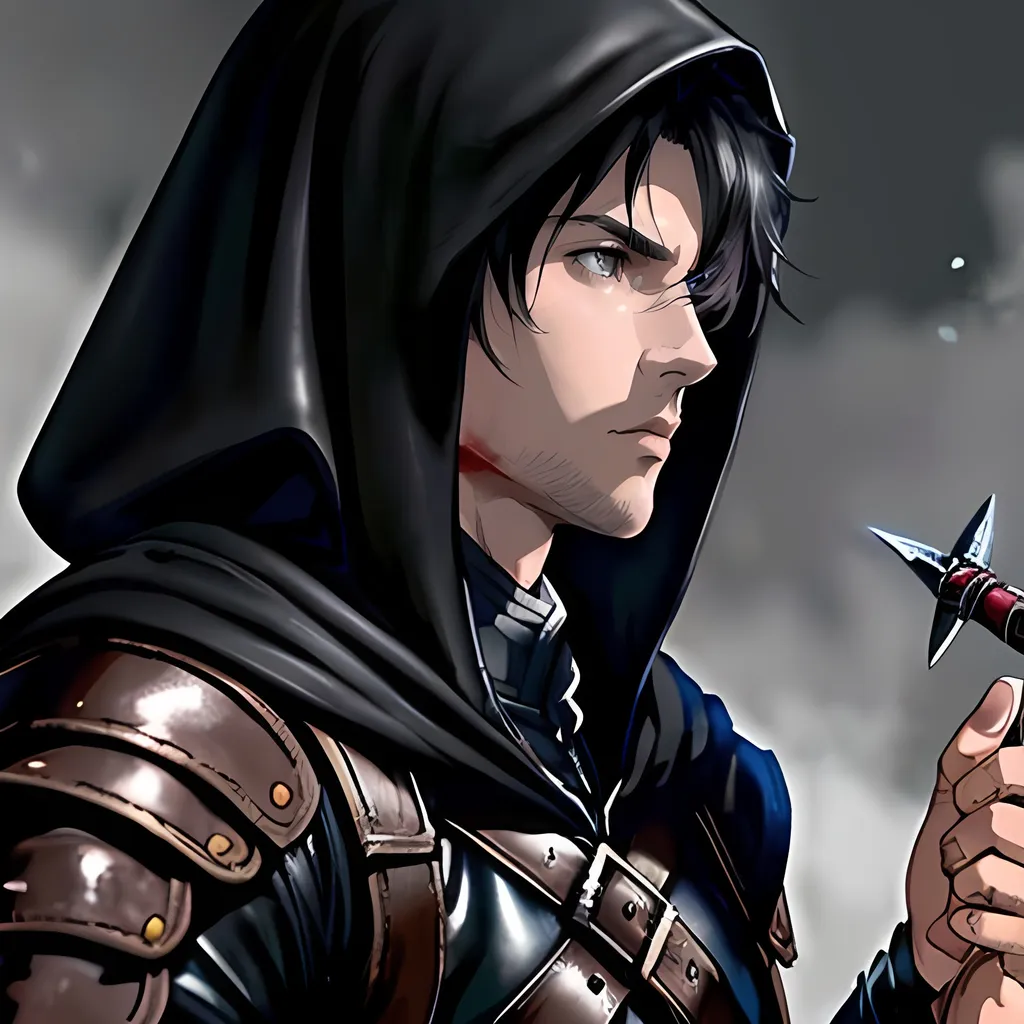 Prompt: 30 year old male, d&d ranger, monster hunter, blood borne, leather, cape and hood, fantasy clothing, short black hair, grey eyes, atmospheric color washes, calm expression, athletic strong build, muscular, masculine, buff, bloody, handsome, bloody, bandages