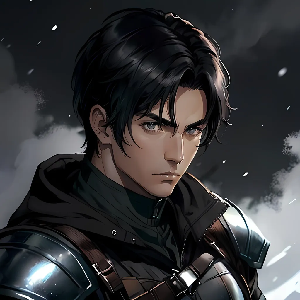 Prompt: 34 year old male ranger, fantasy clothing, short black hair, short hair, grey eyes, atmospheric color washes, calm expression, athletic strong build, muscular, masculine,  bloody, masculine, serious