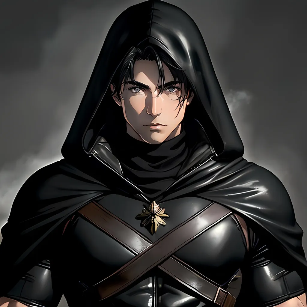 Prompt: 30 year old male ranger, dark leather, cape and hood, fantasy clothing, short black hair, grey eyes, atmospheric color washes, calm expression, athletic strong build, muscular, masculine, buff, bloody