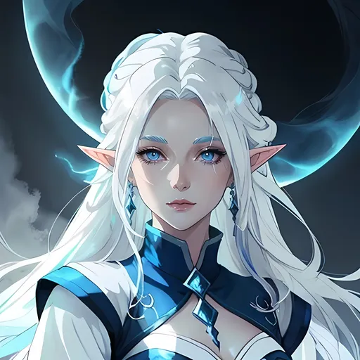 Prompt: beautiful white haired elf, blue skin, scar over her eye, grey eyes, tall, sorcerer, high quality, atmospheric color washes, modest clothing, intimidating