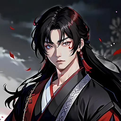 Prompt: hwang hyunjin samurai, male, korean fantasy, medium length hair, grey eyes, dark colors, horror themed, sad, battle, red