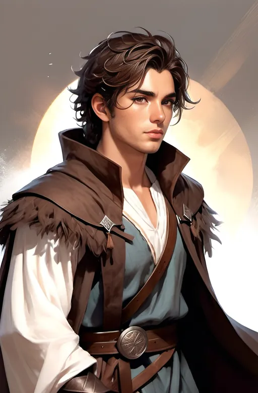 Prompt: 31 year old male peasant, auburn messy hair, soft features, brown eyes, athletic build, resembles jonathan bailey, tan skin, kind expression, detailed, atmospheric color washes, full body illustration, necromancer, handsome