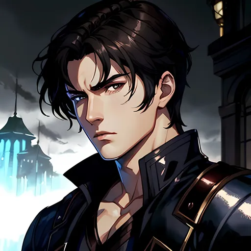 Prompt: high quality, fighter, handsome, dark hair, serious expression, fantasy, atmospheric color washes