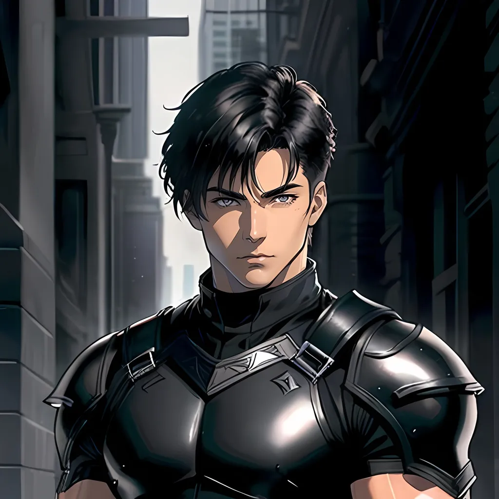 Prompt: 30 year old male, fantasy ranger, dark leather, short black hair, grey eyes, atmospheric color washes, calm expression, athletic strong build, muscular, masculine, buff, bloody, handsome