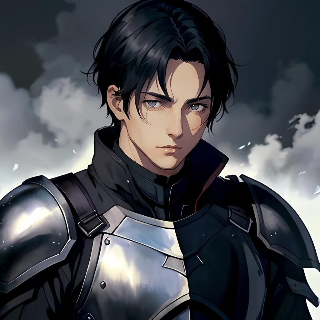 Prompt: 40 year old male black knight, short black hair, grey eyes, atmospheric color washes, calm expression, edgy, full torso