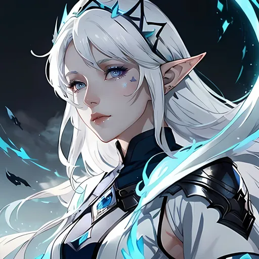 Prompt: beautiful white haired elf, blue skin, scar over her eye, grey eyes, tall, sorcerer, high quality, atmospheric color washes, modest clothing, intimidating