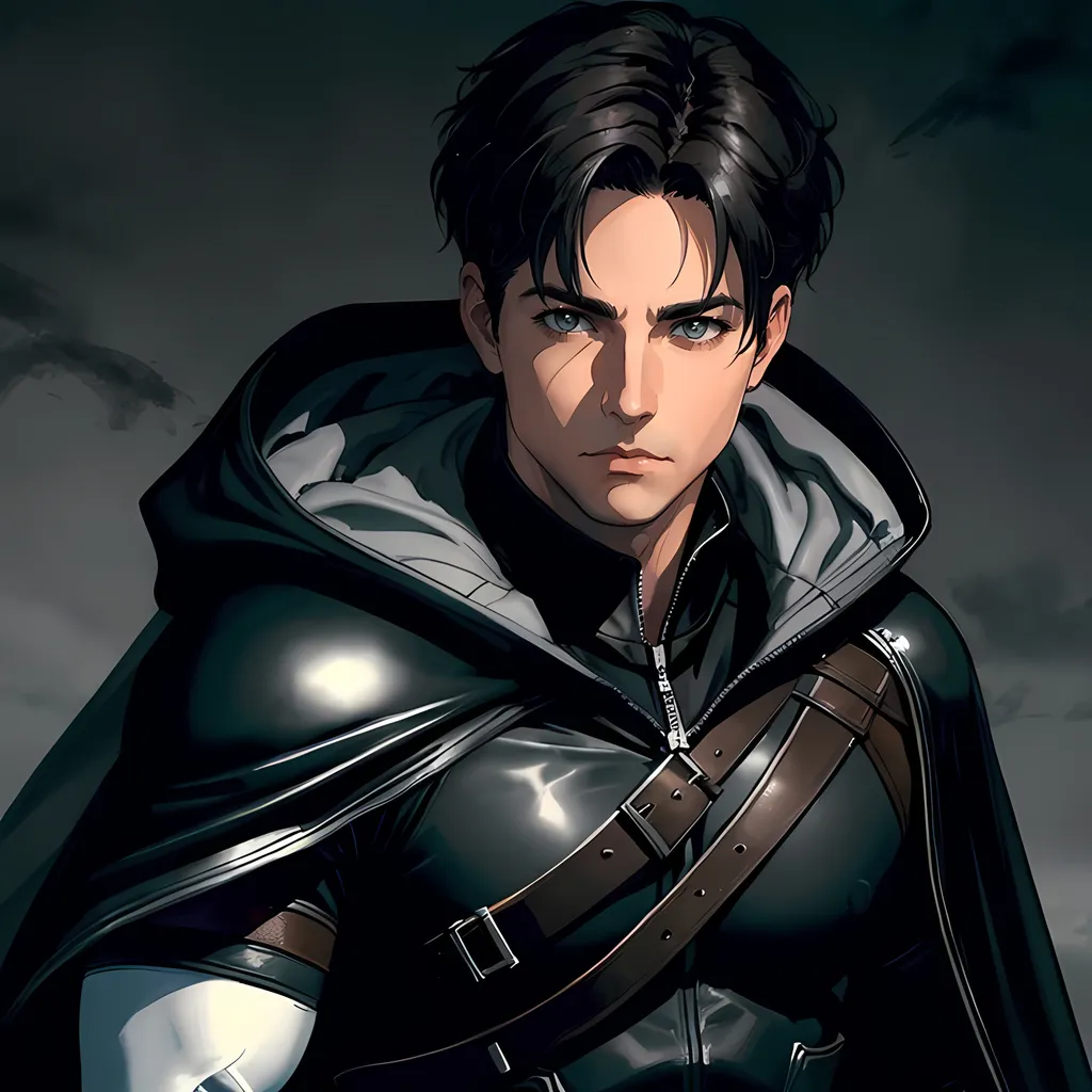 Prompt: 30 year old male ranger, dark leather, cape and hood, fantasy clothing, short hair, short hair,, grey eyes, atmospheric color washes, calm expression, athletic strong build, muscular, masculine, buff, bloody, resembles Jason Todd 