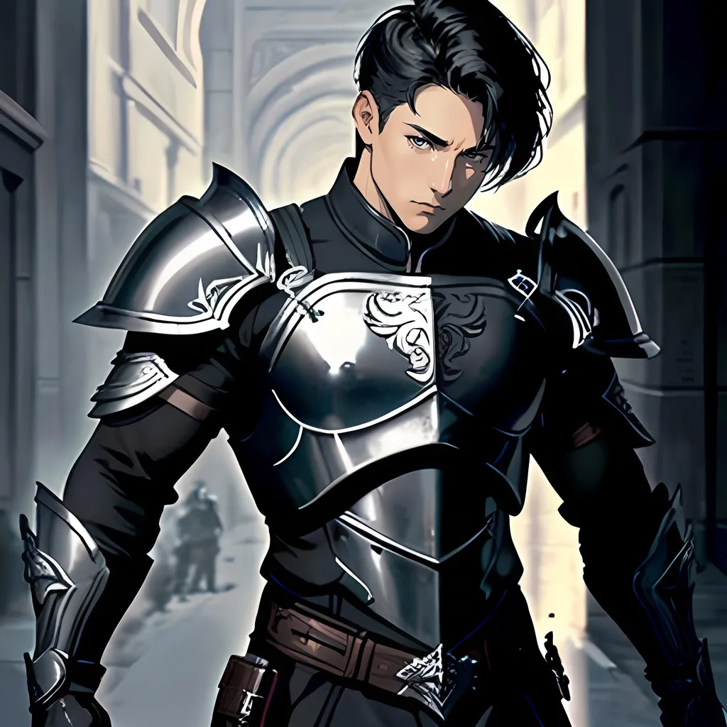 Prompt: 35 year old male, wearing ornate plate armor, short black hair, short hair, grey eyes, atmospheric color washes, calm expression, full torso, athletic strong build, muscular, masculine, buff, full torso, resembles jason todd, bloody, full torso, ornate armor, bloody