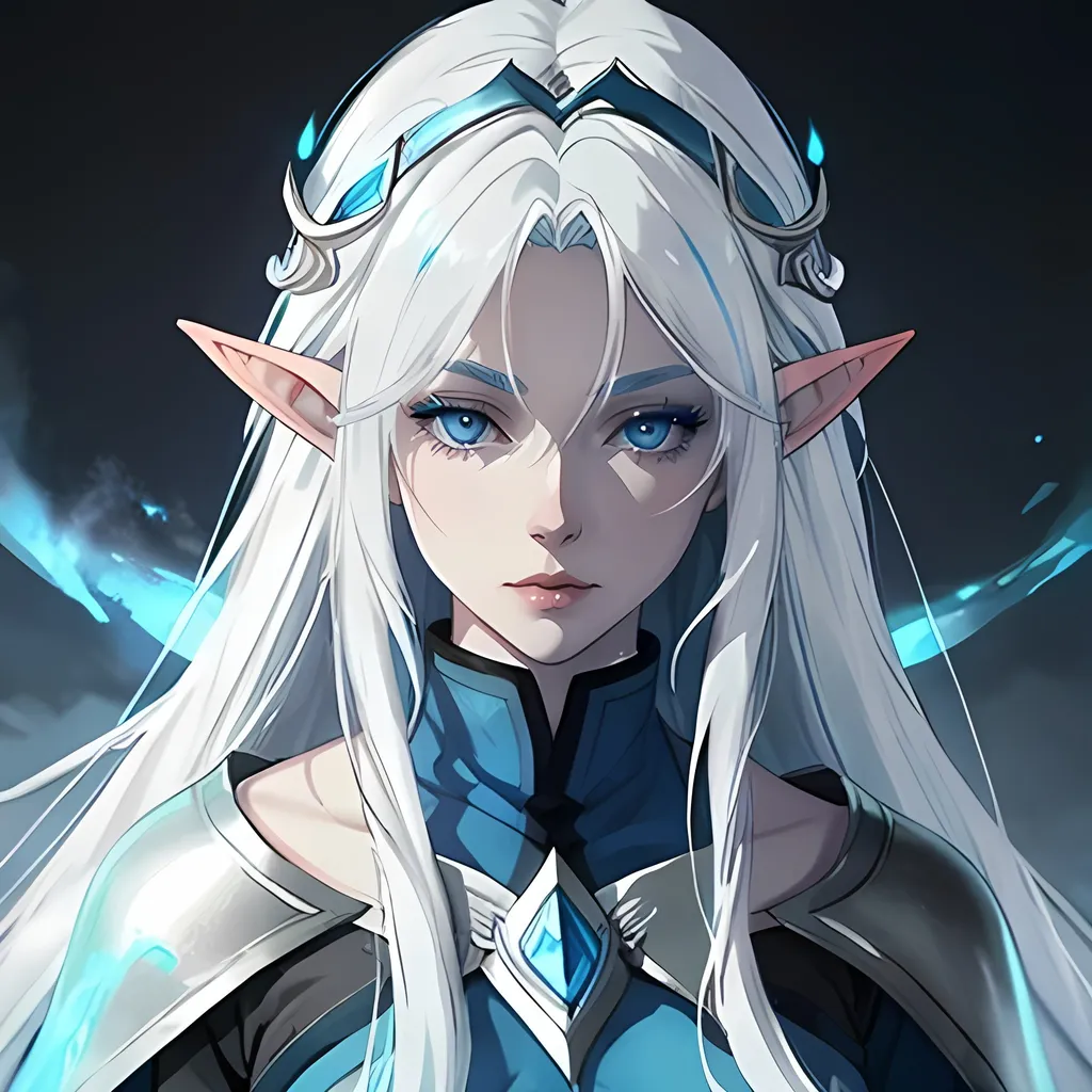 Prompt: beautiful white haired elf, blue skin, scar over her eye, grey eyes, tall, sorcerer, high quality, atmospheric color washes, modest clothing, intimidating