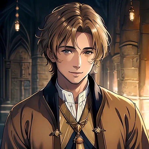 Prompt: 34 year old male peasant, light auburn messy hair, dirty blonde, soft features, brown eyes, tan skin, kind expression, detailed, atmospheric color washes, handsome, full torso, modest clothing, smiling, religious imagery, tan, peasant, simple clothing, tan skin, playful, high quality, spiritualcore