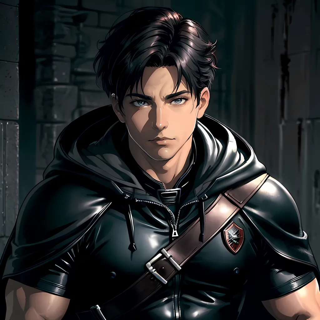 Prompt: 30 year old male ranger, dark leather, cape and hood, fantasy clothing, short hair, short hair, grey eyes, atmospheric color washes, calm expression, athletic strong build, muscular, masculine, buff, bloody, resembles Jason Todd 