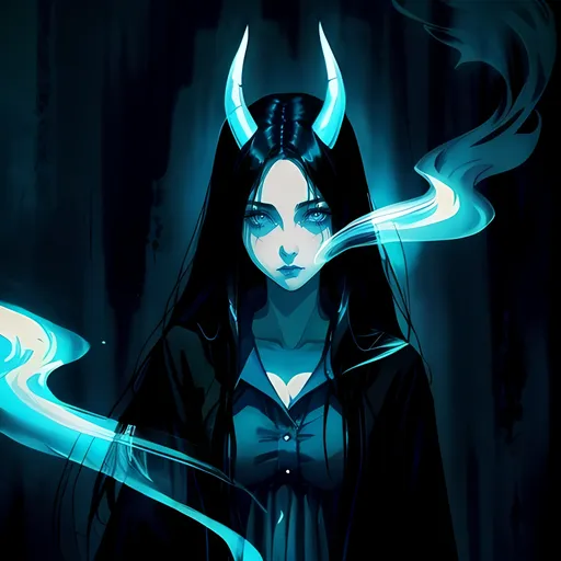 Prompt: beautiful black haired woman, horns, horror themes, cool colors, blue toned, sad expression, high quality, atmospheric color washes, full body, ghostly, horror themes, dark, sad, modest white clothing