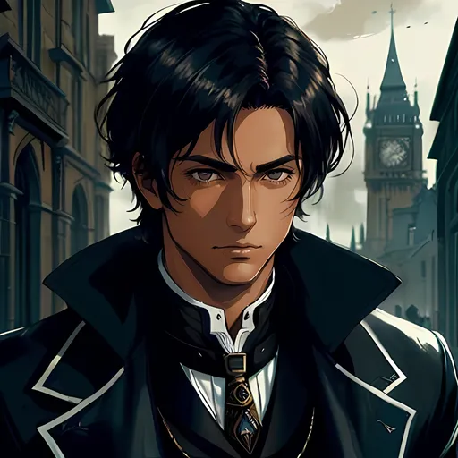 Prompt: 28 year old assassin, dark messy hair, handsome, tan skin, calm expression, detailed, atmospheric color washes, tan, high quality, dark victorian scenery