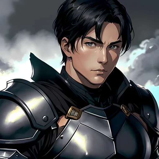 Prompt: 35 year old male, fantasy armor, short black hair, short hair, grey eyes, atmospheric color washes, calm expression, athletic strong build, muscular, masculine, buff, bloody