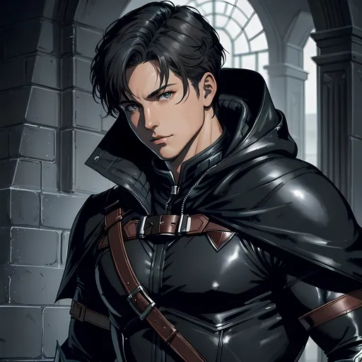 Prompt: 30 year old male ranger, dark leather, cape and hood, fantasy clothing, short hair, short hair,, grey eyes, atmospheric color washes, calm expression, athletic strong build, muscular, masculine, buff, bloody, resembles Jason Todd 