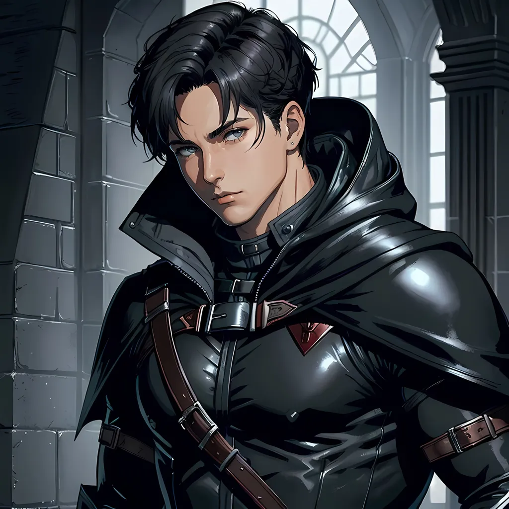 Prompt: 30 year old male ranger, dark leather, cape and hood, fantasy clothing, short hair, short hair,, grey eyes, atmospheric color washes, calm expression, athletic strong build, muscular, masculine, buff, bloody, resembles Jason Todd 