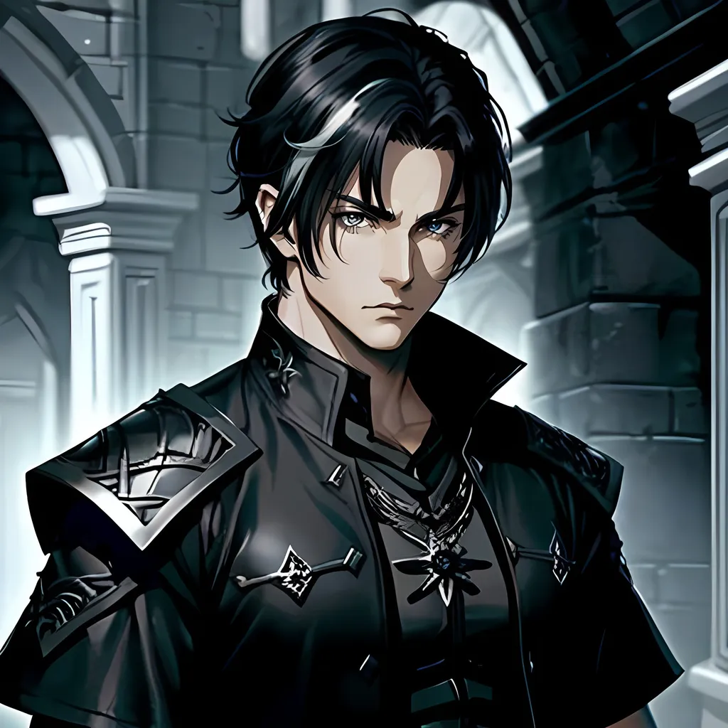 Prompt: 34 year old male dnd ranger, fantasy clothing, short black hair with a white streak, short hair, grey eyes, atmospheric color washes, calm expression, athletic strong build, bloody, masculine, serious, gothic horror themes