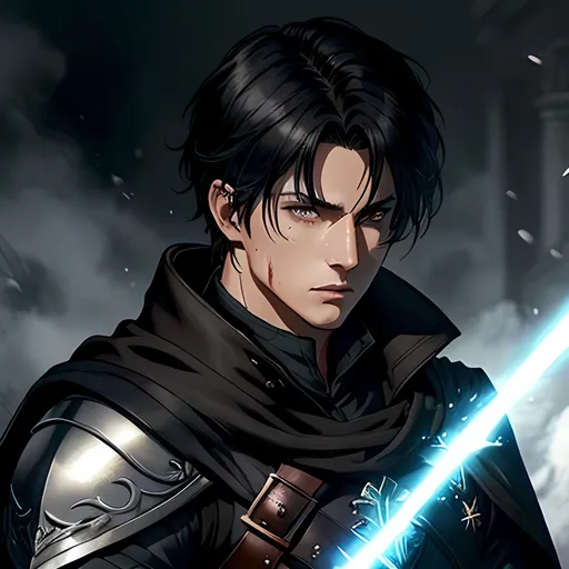 Prompt: 30 year old male dnd ranger, fantasy clothing, short black hair with a white streak, short hair, grey eyes, atmospheric color washes, calm expression, athletic strong build, bloody, masculine, serious, horror themes, cape, buff, high quality, detailed