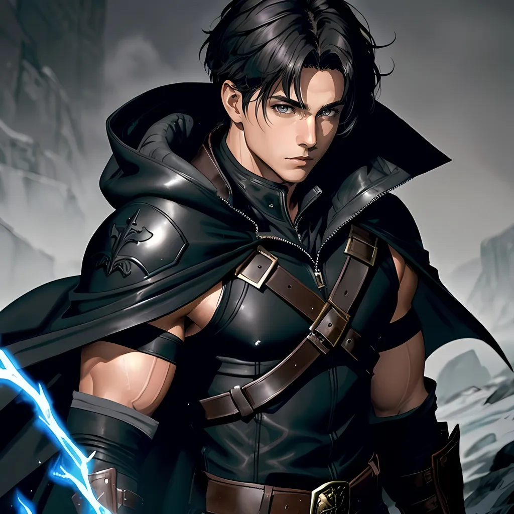 Prompt: 30 year old male ranger, dark leather, cape and hood, fantasy clothing, short hair, short hair, undercut, grey eyes, atmospheric color washes, calm expression, athletic strong build, muscular, masculine, buff, bloody