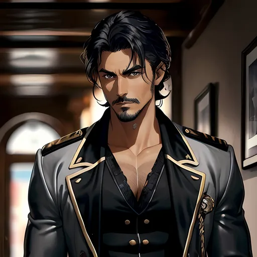 Prompt: 35 year old pirate captain, male, dark black hair, strong, handsome, grey eyes, atmospheric color washes, tan skin, high quality, facial hair, dark clothes, intimidating