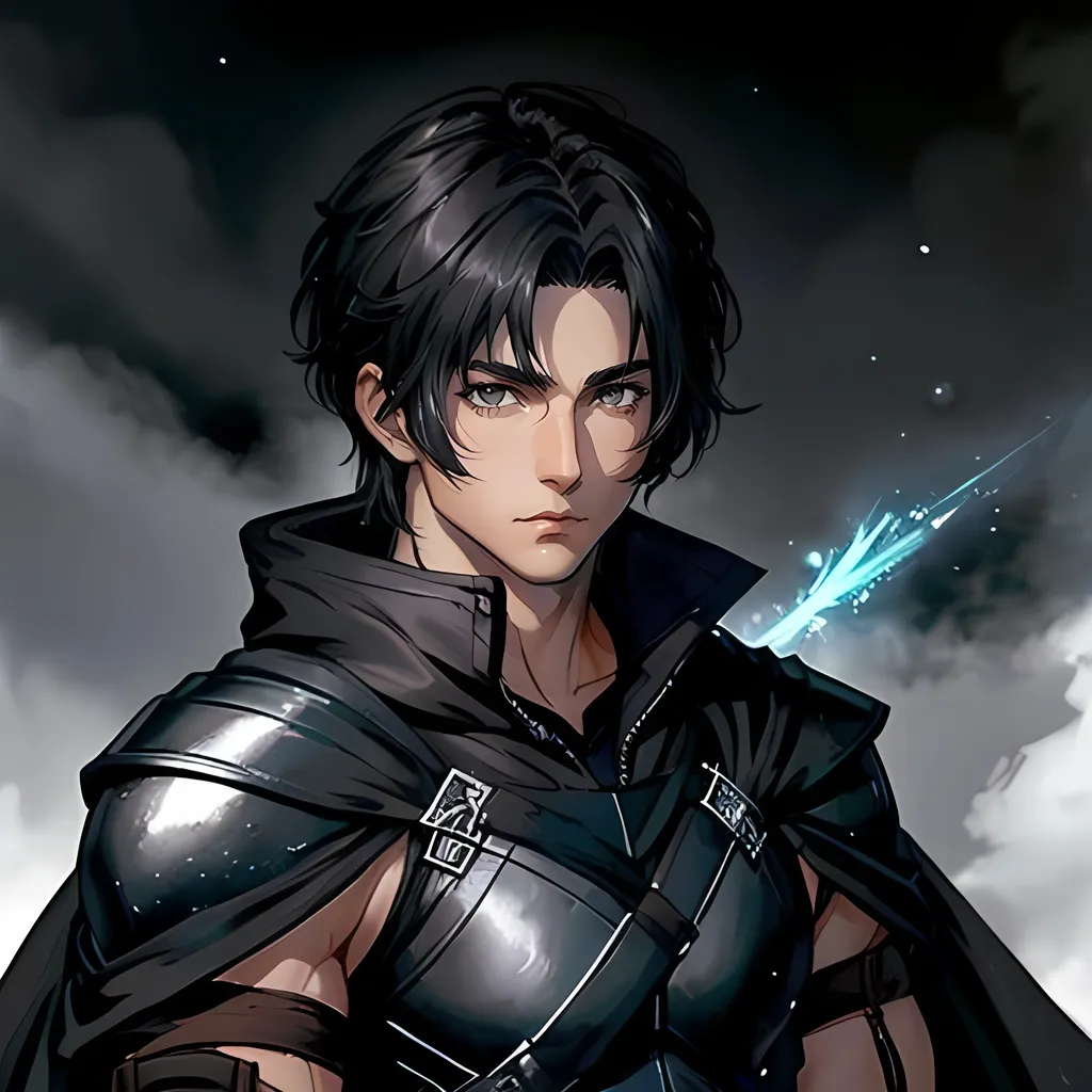 Prompt: 30 year old male ranger, fantasy clothing, short black hair, grey eyes, atmospheric color washes, calm expression, athletic strong build, muscular, masculine,  bloody, masculine