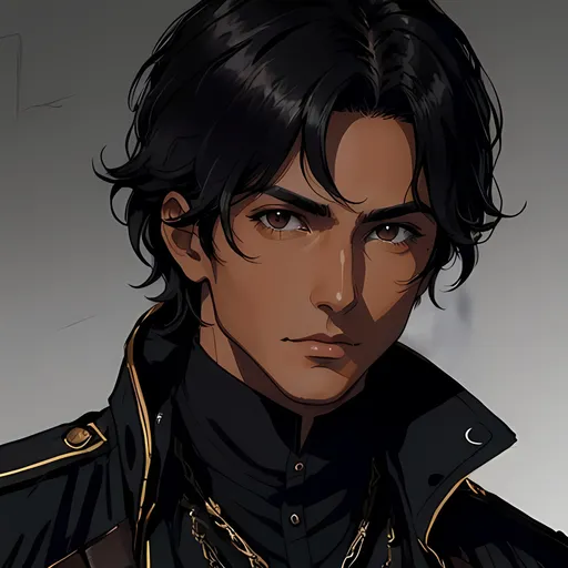 Prompt: 28 year old assassin, black messy hair, handsome, tan skin, kind expression, brown eyes, detailed, atmospheric color washes, tan, high quality, dark victorian, full royal assassin outfit