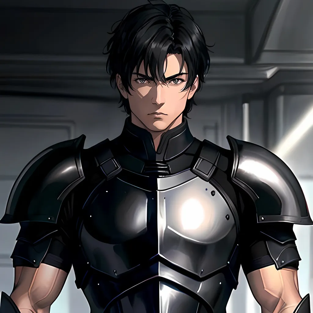 Prompt: 40 year old male black knight, short black hair, short hair, short hair, grey eyes, atmospheric color washes, calm expression, edgy, full torso, athletic strong build, muscular, masculine, serious, buff