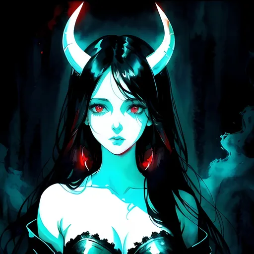 Prompt: beautiful black haired woman, horns, horror themes, cool colors, sad expression, high quality, atmospheric color washes, full body, ghostly, horror themes, sad, white clothing, full body, jewelry, blood, celestial, hints of red, pretty