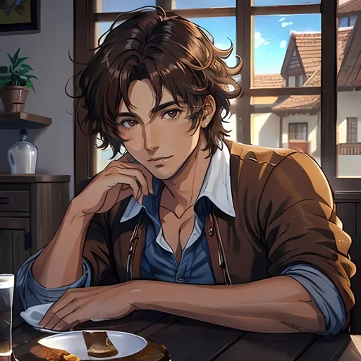 Prompt: 31 year old male peasant, auburn messy hair, soft features, brown eyes, tan skin, kind expression, detailed, atmospheric color washes, tan