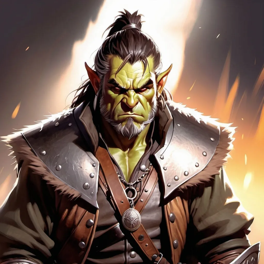 Prompt: 50 year old orc mercenary, bandit, criminal, angry, mean, fantasy art, haunting background, villainous