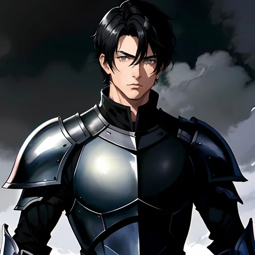 Prompt: 40 year old male black knight, short black hair, short hair, short hair, grey eyes, atmospheric color washes, calm expression, edgy, full torso, athletic strong build, muscular, masculine, serious, buff