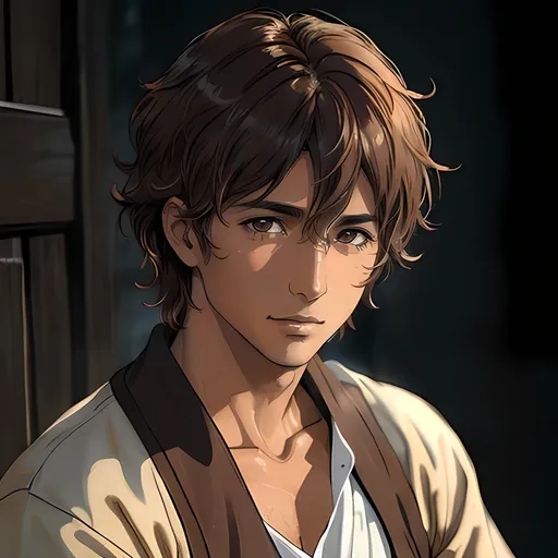 Prompt: 31 year old male peasant, auburn messy hair, soft features, brown eyes, tan skin, kind expression, detailed, atmospheric color washes, religious themes