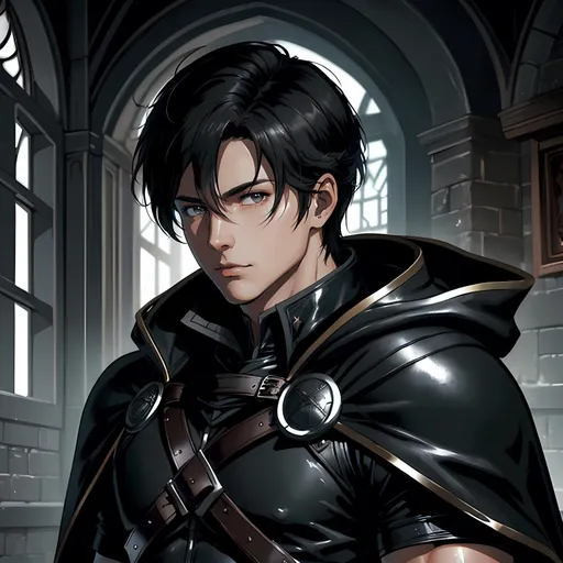 Prompt: 30 year old male ranger, dark leather, cape and hood, fantasy clothing, short black hair, grey eyes, atmospheric color washes, calm expression, athletic strong build, muscular, masculine, buff, bloody