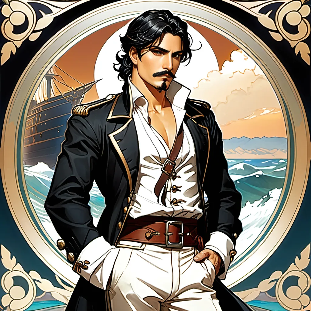 Prompt: 35 year old male, black hair, dark eyes, athletic build, full body illustration, resembles Levi Ackerman, full body illustration, detailed, dark colors, pirate captain clothing, high quality, elegant