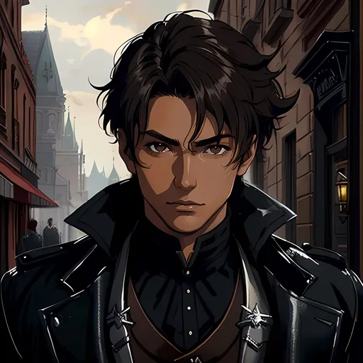 Prompt: 28 year old assassin, dark messy hair, handsome, tan skin, kind expression, brown eyes, detailed, atmospheric color washes, tan, high quality, dark victorian scenery